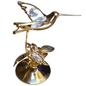 VTG Crystal Delight 24K Gold Plated Hummingbird Figurine Austrian Crystal Flower